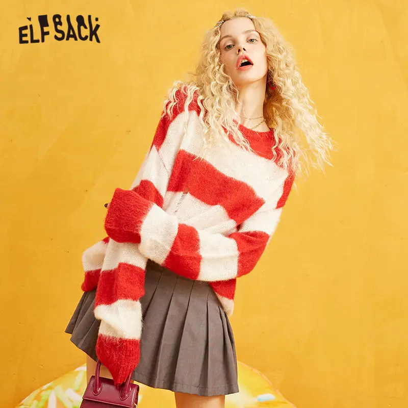 ELFSACK Красный Полосатый цветной вязаный пуловер свитер для женщин осень 2019