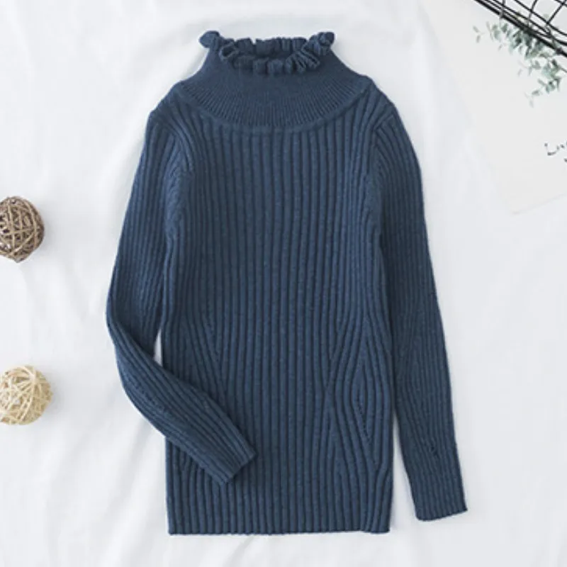 Blue Toddler Girl Fitted Rib Knit Ruffled Collar Sweater Children Kids Girl Ribbed Sweater Winter Girls Tops - Color: Blue