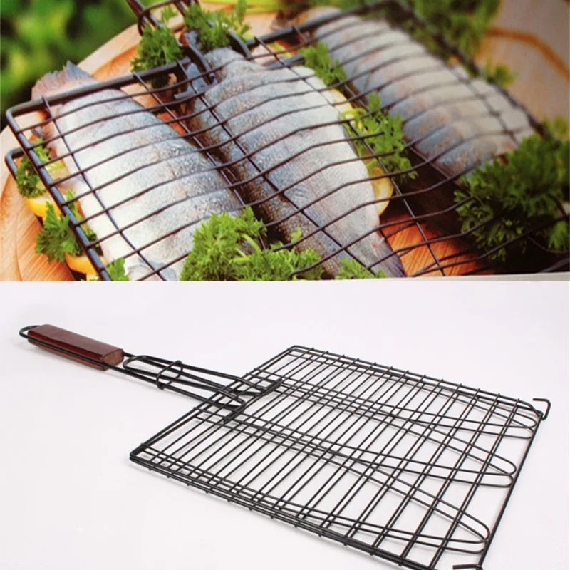 Nonstick Triple Fish Grilling Basket Grilled Fish Tongs Wood Handle