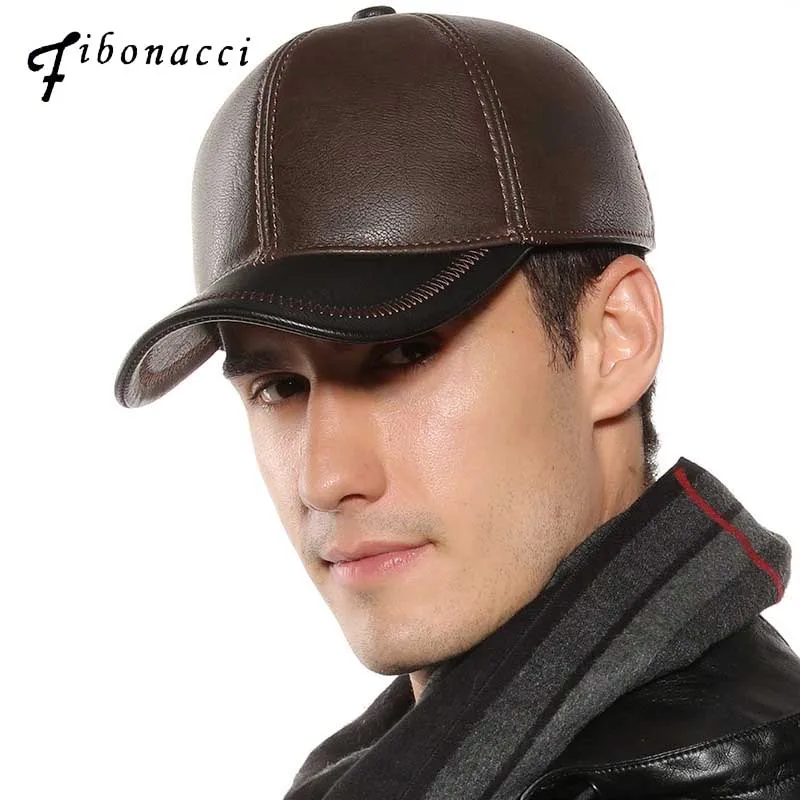 Мужская бейсбольная Кепка Фибоначчи, высокое качество, кожаная, Лоскутная, регулируемая, с ушками, для среднего возраста, для папы, кепка, Осень-зима, шапки