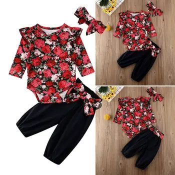 

Baby Girl Romper Bodysuit Pants Trousers Headband Newborn Outfit Clothes Set