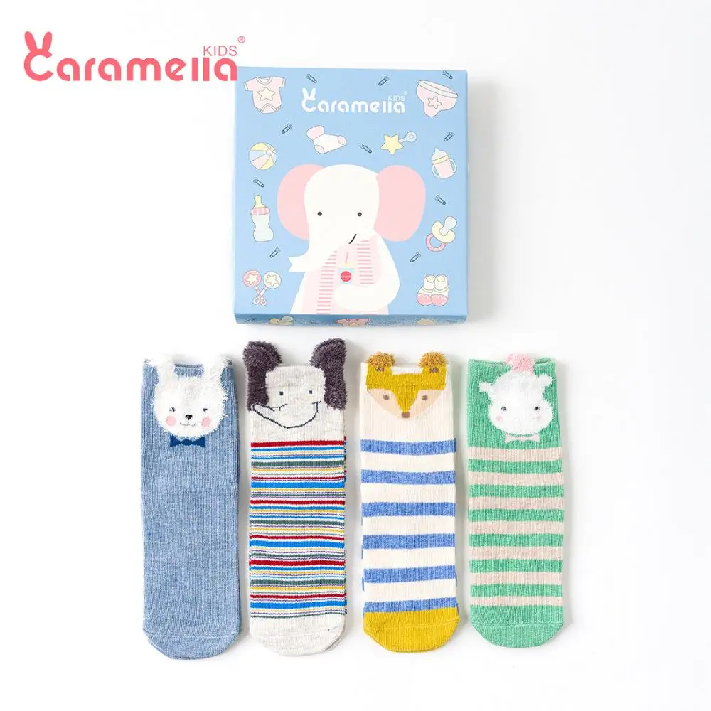 Caramella/4 пары детских зимних носков с героями мультфильмов; забавные детские носки в полоску в стиле Харадзюку; чулочно-носочные изделия унисекс; От 0 до 12 лет; Посылка в подарочной коробке