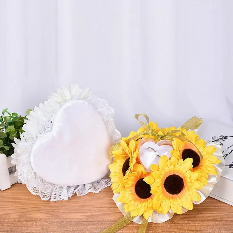 

Wedding Ring Pillow Sunflower Pillow Heart Shape Circle Box Rings Holder DEC889