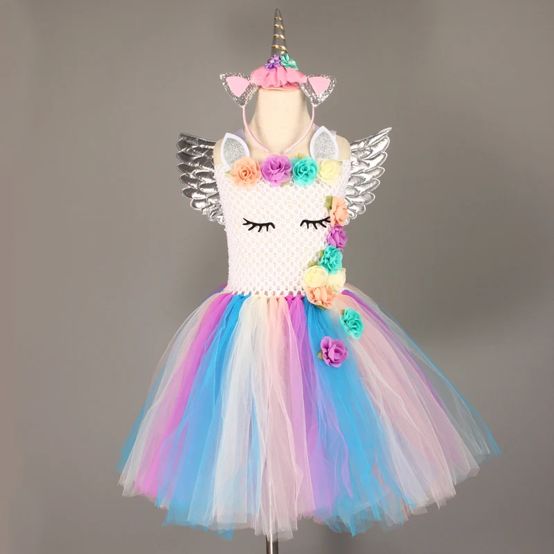 Pastel Flower Girls Unicorn Tutu Dress for Kids Birthday Party Unicorn Costume with Headband and Wing Princess Fancy Vestidos (9)