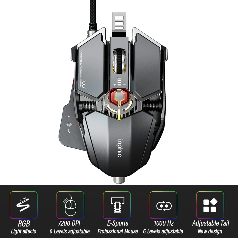 

Ergonomic Gaming Mouse Computer-Mice Gamer Wired Laptop Usb-Cable Optical Adjustable Tail Mouse Professional Gamer 7200DPI1000Hz