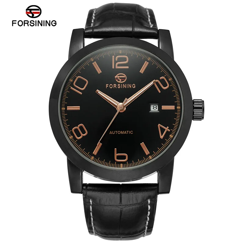 Black Black FORSINING Топ люксовый бренд Мужские автоматические кожаные часы простые деловые классические цифровые механические часы с большим циферблатом мужские часы - Цвет: Black Black