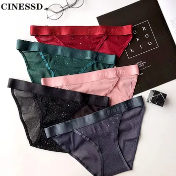 

Ms Panties translucent girl Love Mesh Gold and silver thread Sequins letter printing Panties Comfortable Sexy Low waist Briefs
