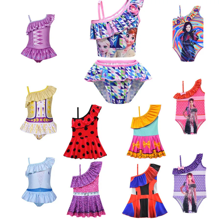 Cute Candy Love Print Girl Swimsuit Kids Lovely Girls Princess Elsa Cartoon Swimwear Baby Beachwear Bathing Descendants 3 Suit