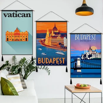 

Budapest Hungary Vatican City Vintage Hanging Cloth Cotton Line Painting Posters Home Decor Wall Hanging Tapestry Gift