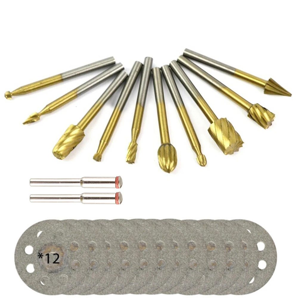 10*Burr Bit 12*Cutting Wheels Tungsten Carbide Metal Cutting Carving Grinding Cutter Burrs Tool Set Silver+Gold