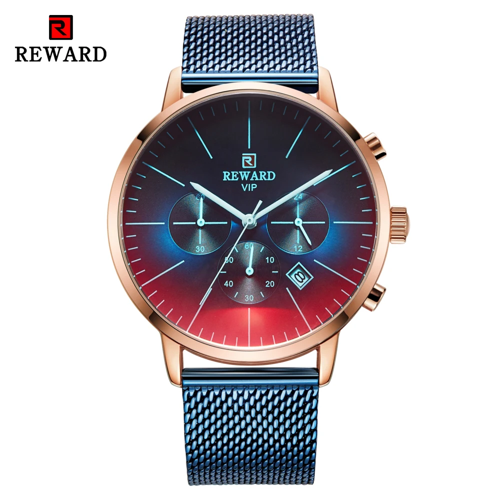 

REWARD Fashion Gradient Glass New Quartz Watch for Men Stainless Steel Mesh Belt Band Men Wristwatch Water Resistant Calendar