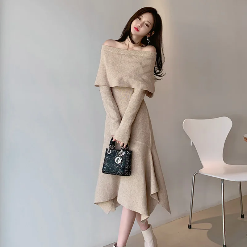 

2020 Autumn New Sexy Slash Neck Long Sleeve Ruffle Hem Long Sweater Dress Women High Waist Irregular Stretch Casual Dresses