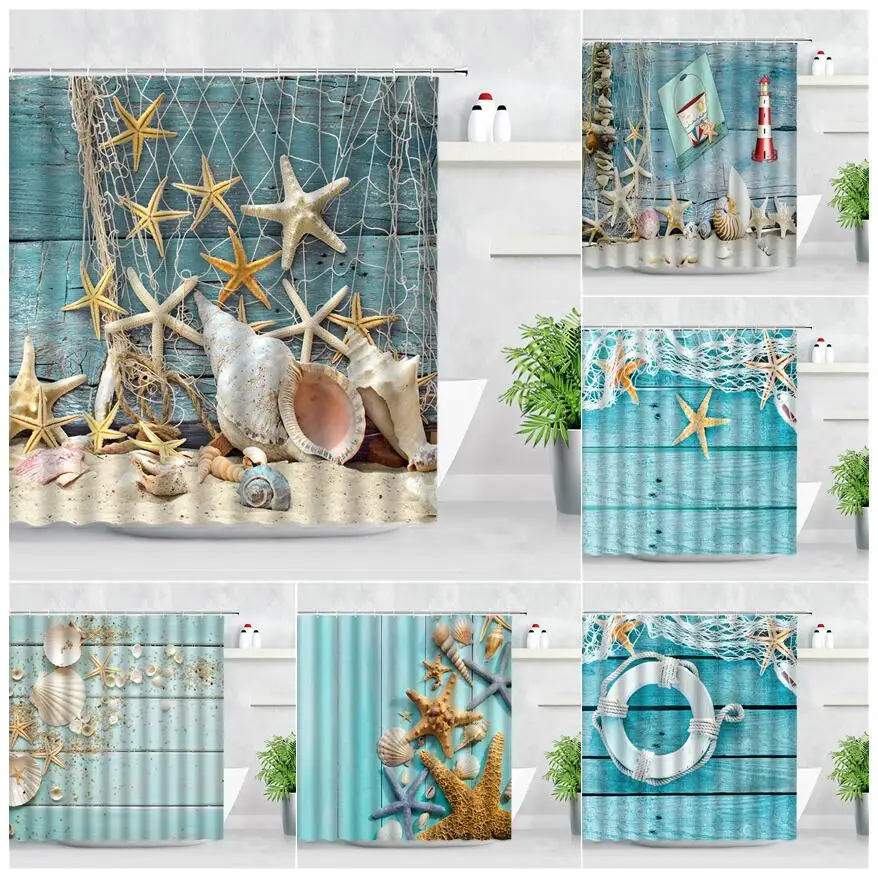 

Шторы для душа в стиле ретро с текстурой древесины, водонепроницаемые пляжные занавески в средиземноморском стиле, с ракушками, морскими звездами, для ванной комнаты, синие