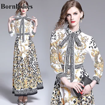 

Bornladies Dresses Runway 2020 High Quality Fashion Summer Dress Women Bow Neck Vintage Print Long Maxi Dress Robe Femme Ete