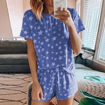 

Womens Nightwear Pyjama 2020 Summer Femme Night Suit Star Printed Short Sleeve Pajama Set Night Top Short Sleepwear