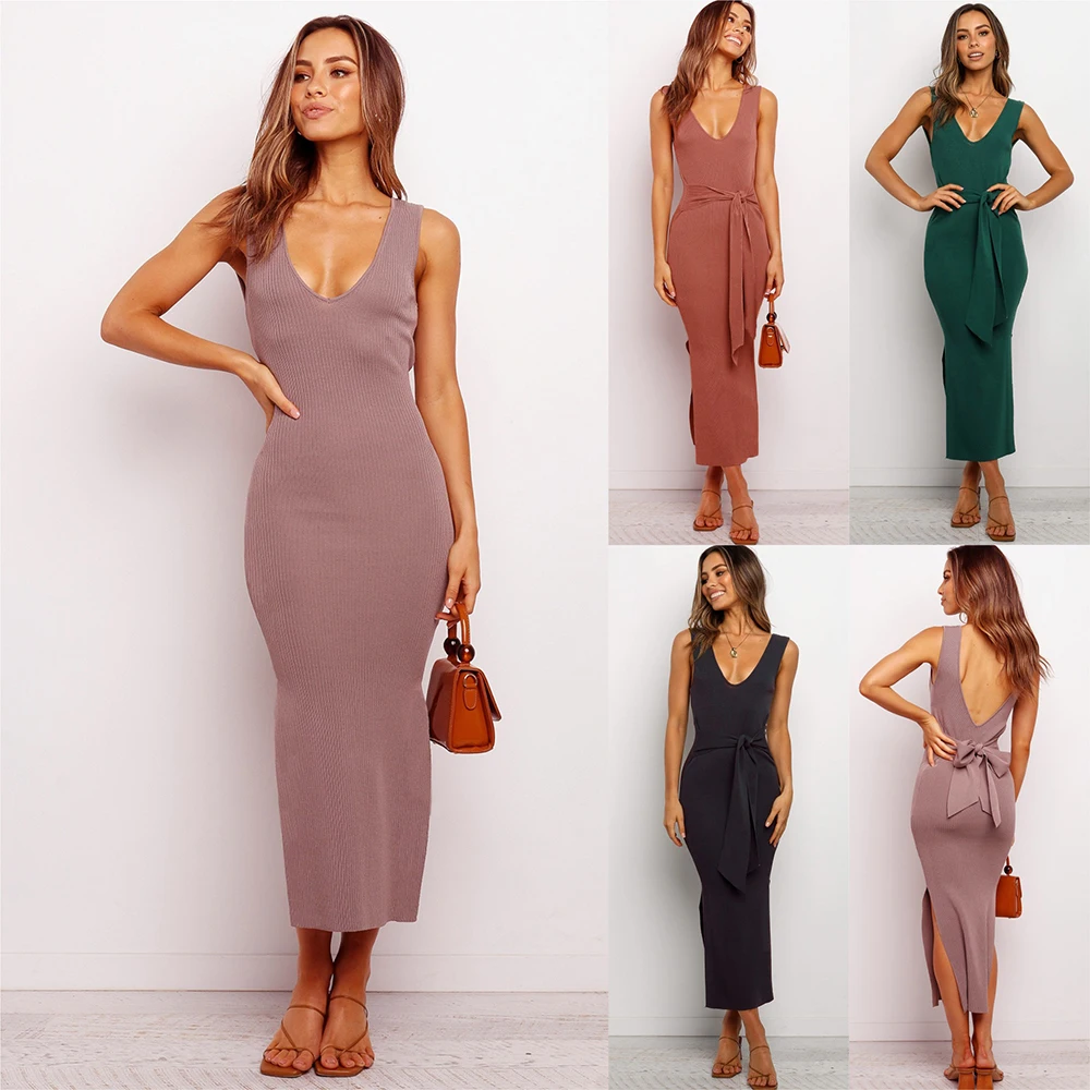 

Close-fitting Comfortable Simple Dress Bow Side Slit Formal Dress Deep V-back Dinner Party Dress Knitted Sleeveless Dress