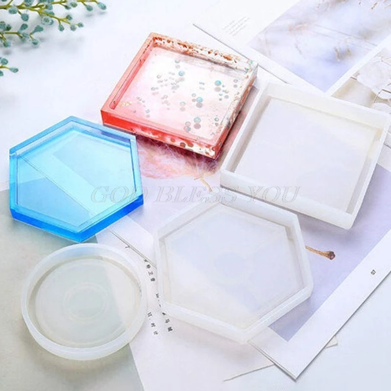 

4Pcs Resin Silicone Molds Coaster Molds For Candle Holders Flower Pot Holders Bowl Mat Round Square Hexagon Heart Shape Mold