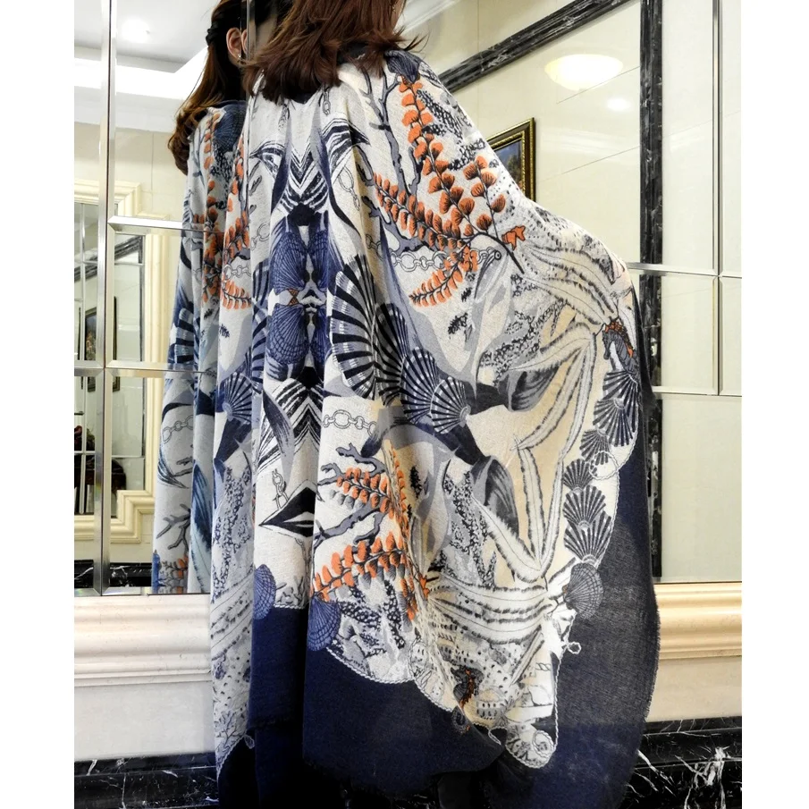 Сказочный морской мир печати шерстяной шарф женский зимний большой шарф шарфы пашмины шаль обертывания 190x130 см