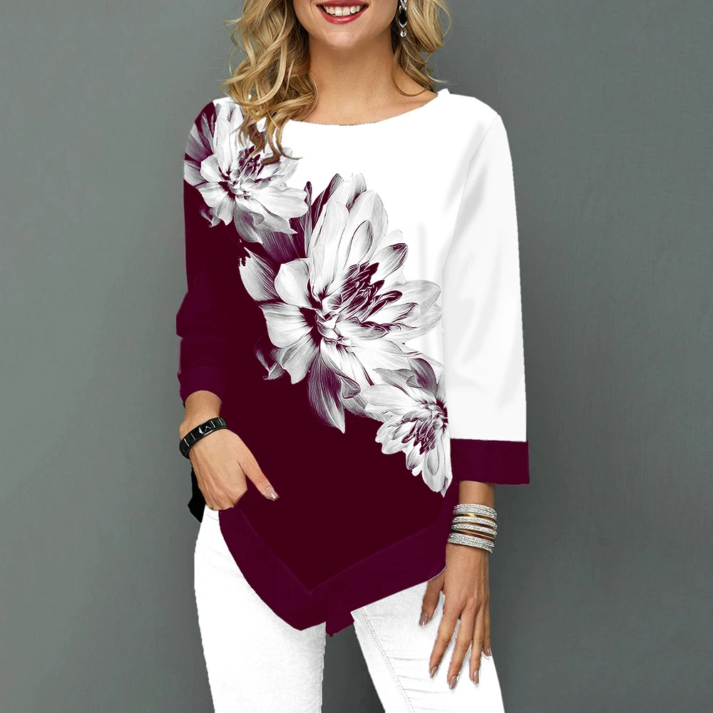 Floral Printed Women Shirt Asymmetric Hem Autumn Blouse Shirt For Woman Flower Print Tops O Neck Blusas Fashion Female Camisa Floral Printed Women Shirt Asymmetric Hem Autumn Blouse Shirt For Woman Flower Print Tops O Neck Blusas Fashion Female Camisa