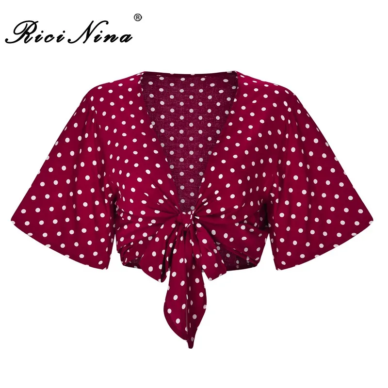 

RICININA Shirt Women 2019 V Neck Short Sleeve Polka Dot Bow Women Shirts Blouses Spring Autumn Casual Womens Tops And Blouses