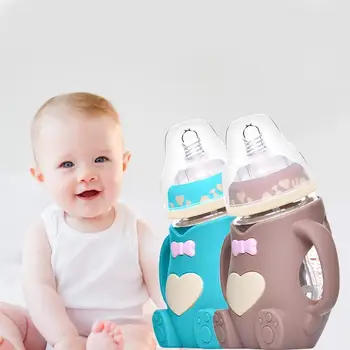 

2 in 1 drinking bottle heart-shaped pattern baby bottle shatter-resistant anti-flatulence with handle baby feeding glass bottle