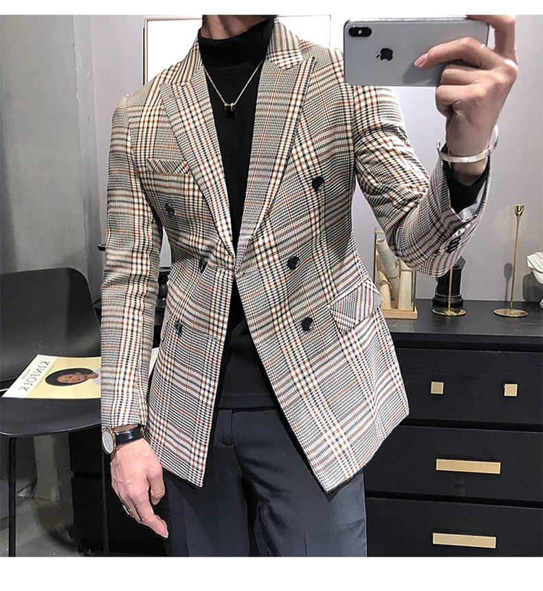 

2020 Men's Tuxedos New Arrival Plaid Casual Double Breasted Slim Fit Blazer Mens Suit Only Jacket