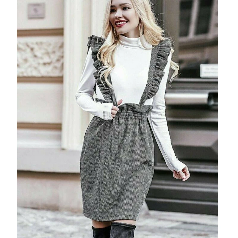 Fashion Women Suspender Straight Skirt High Waisted Ruffleld Winter Spring Skirts Overalls Strap pinafore skirt | Женская одежда