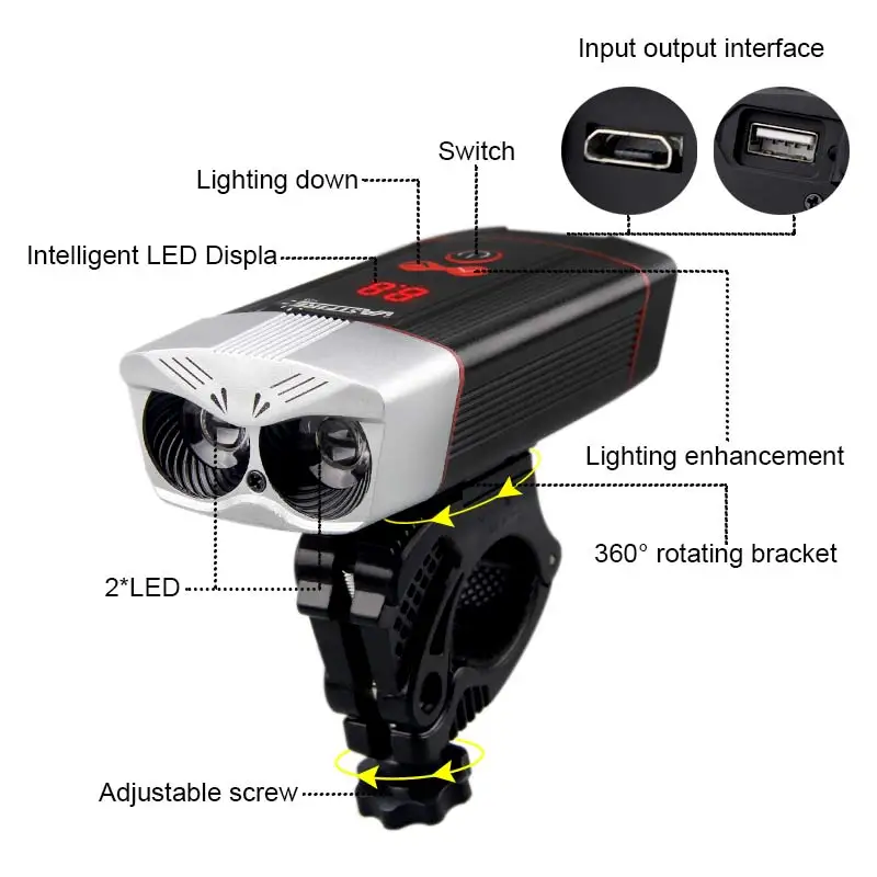 Водонепроницаемый Интеллектуальный светодиодный светильник на голову для переднего велосипеда с зарядкой от USB, велосипедный светильник MTB, велосипедная лампа с функцией внешнего аккумулятора
