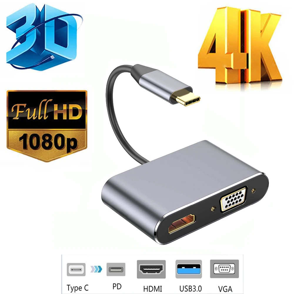 

4 in 1 USB C HDMI Type c to HDMI 4K Adapter VGA USB3.0 Audio video Converter PD for Macbook pro Huawei Mate 30 Pro Mobile Phone