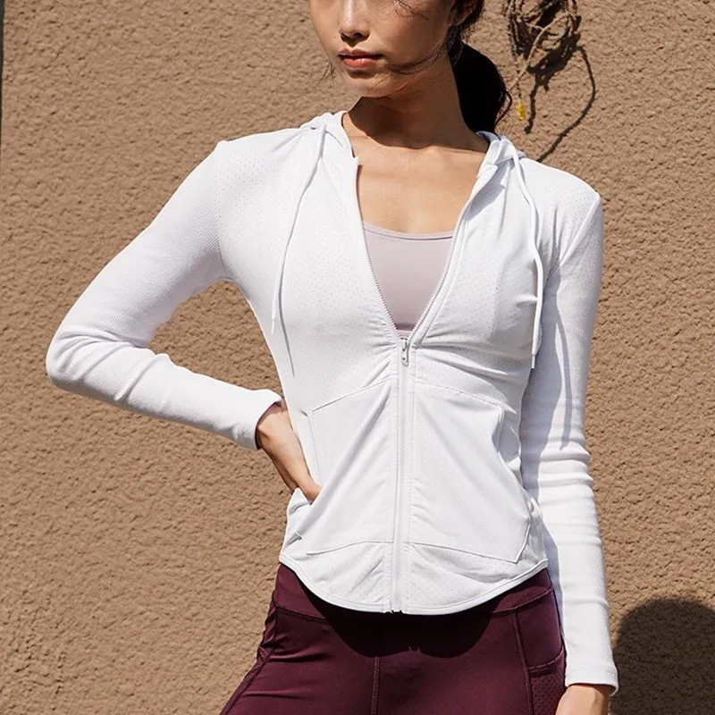 Весенне-осенняя сетчатая женская спортивная куртка, облегающая одежда для бега, тонкая молния, пальто для фитнеса и тренировок, дышащий Топ для йоги - Цвет: white