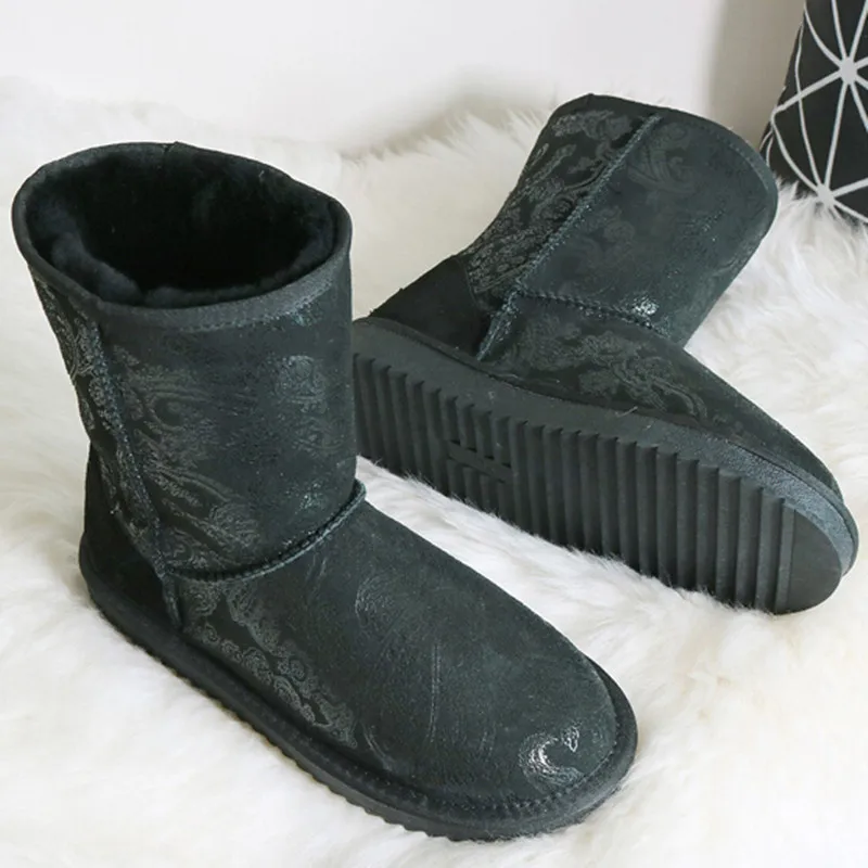 G& Zaco/роскошные ботинки из натуральной овечьей кожи в австралийском стиле женские шерстяные зимние ботинки обувь на овечьем меху зимние классические ботинки до середины икры на плоской подошве - Цвет: black Pteris