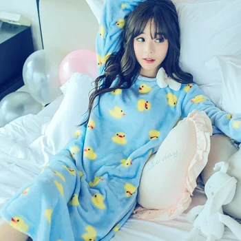 

Female Long Sleeve Nightdress Blue O-neck Home Wear Winter New Nightwear Soft Sleepwear Lounge Nightgown Flannel Thick Negligee