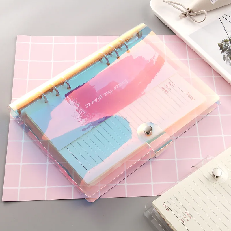 

A5 A6 PVC Rainbow laser Transparent Notebook diary Cover Glitter Loose leaf Note Book Planner Clip Office Supplies