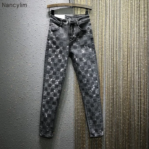 Jeans Women 2020 Spring New High-Waist Slim-Fit Straight-Cut Rhinestone Skinny Pencil Denim Pants Women's Jeans Spodnie Damskie Jeans Women 2020 Spring New High-Waist Slim-Fit Straight-Cut Rhinestone Skinny Pencil Denim Pants Women's Jeans Spodnie Damskie