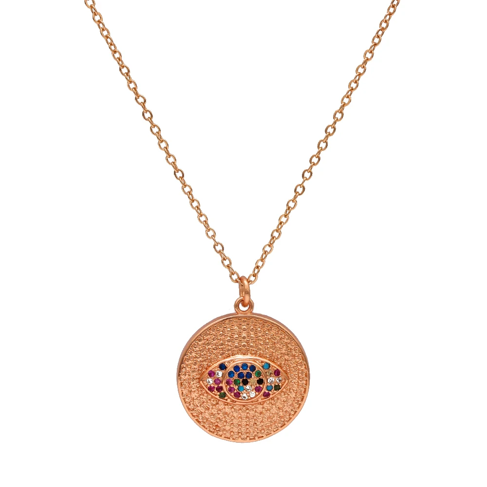 rose gold Ожерелье с круглым кулоном «Счастливый глаз», ожерелье «сглаза», розовое золото, серебро, цветная цепочка, ожерелье с фианитом, ювелирное изделие для женщин EY6648 - Окраска металла: rose gold