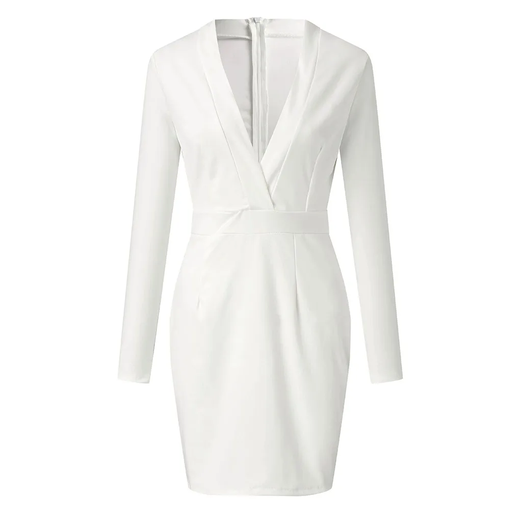 Белый женский костюм Блейзер офисное платье женское глубокий v-образный вырез А-образный элегантный тонкий длинный рукав вечернее платье офисное женское короткое платье