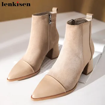 

Lenkisen popular patchwork cow leather sheep suede pointed toe med heels daily wear winter warm women side zip ankle boots L98