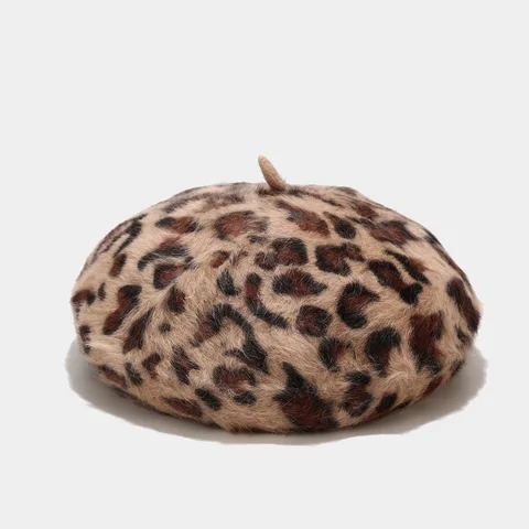 Leopard Print Beret for Winter Rabbit  Warm Painter Cap All-Match Pumpkin Hat Octagonal Cap Wholesale Bonnets For Women