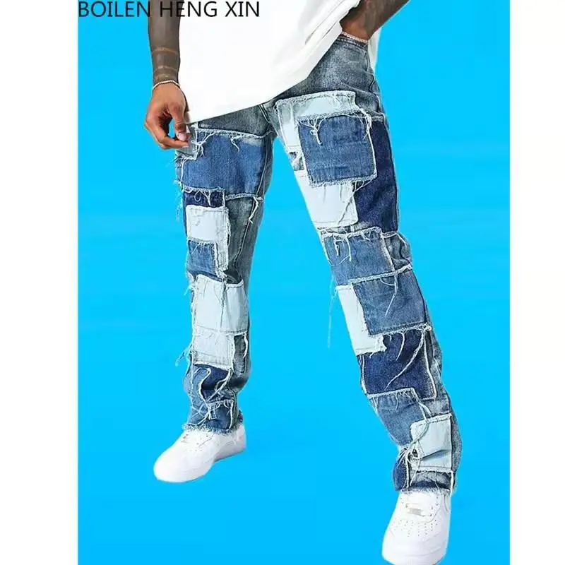 2022 NEW Color Block Stretchy High Men Jeans Casual Trousers Streetwear Patchwork Boyfriend Blue black slim Straight Pants flannel lined jeans