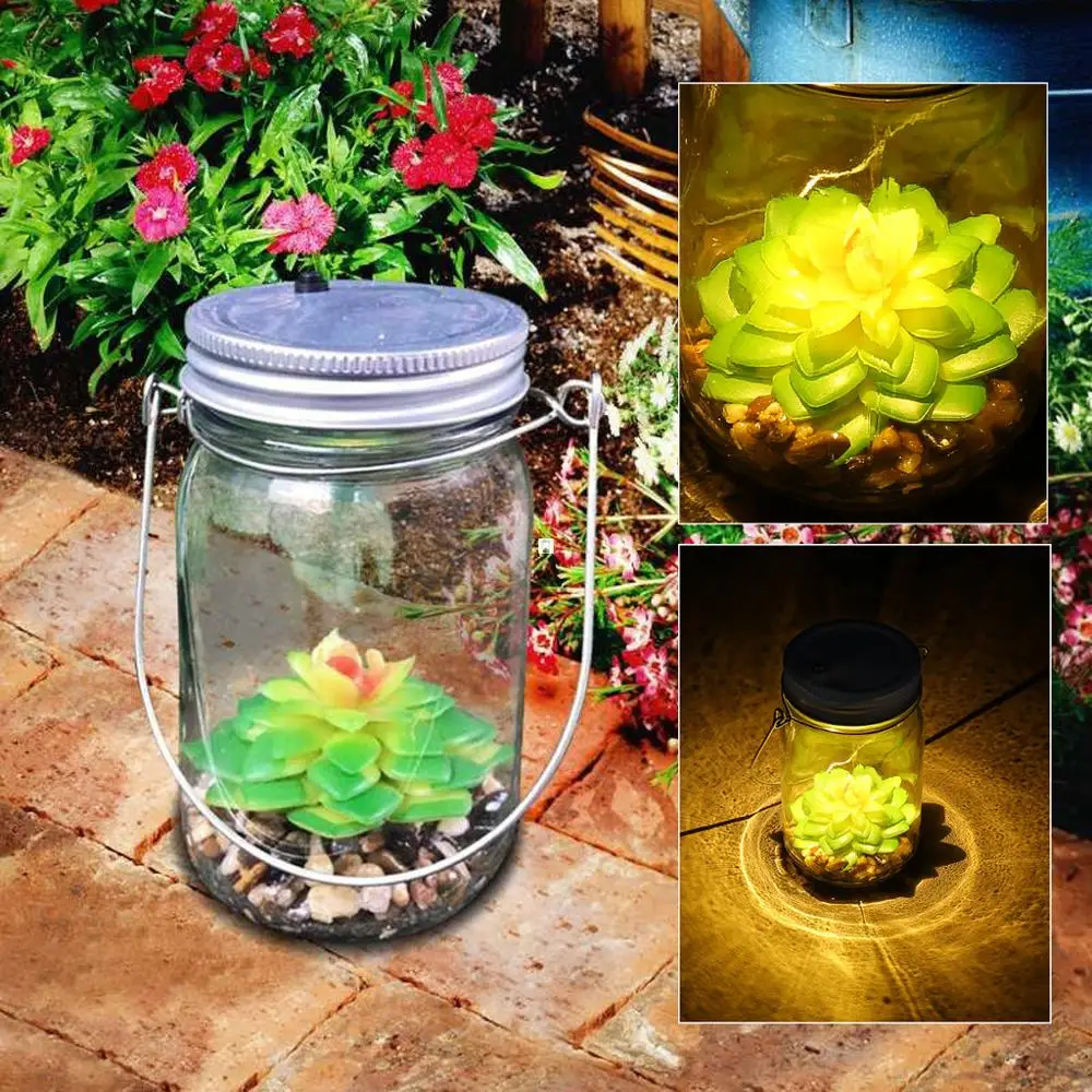 Artificial Succulent Plant Led Solar Light Mason Glass Bottle Night