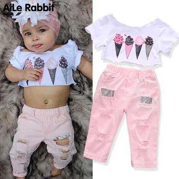 

2019 New Arrival Girls Clothes Suit Short-sleeved T-shirt Pants 2 Piece Set Ice Cream Dew Navel Sequin Hole Pants Kids Suit