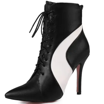 

Winter classic fashion pointed big size short boots sexy front laced spliceblack white color high heel OL Ladies boots