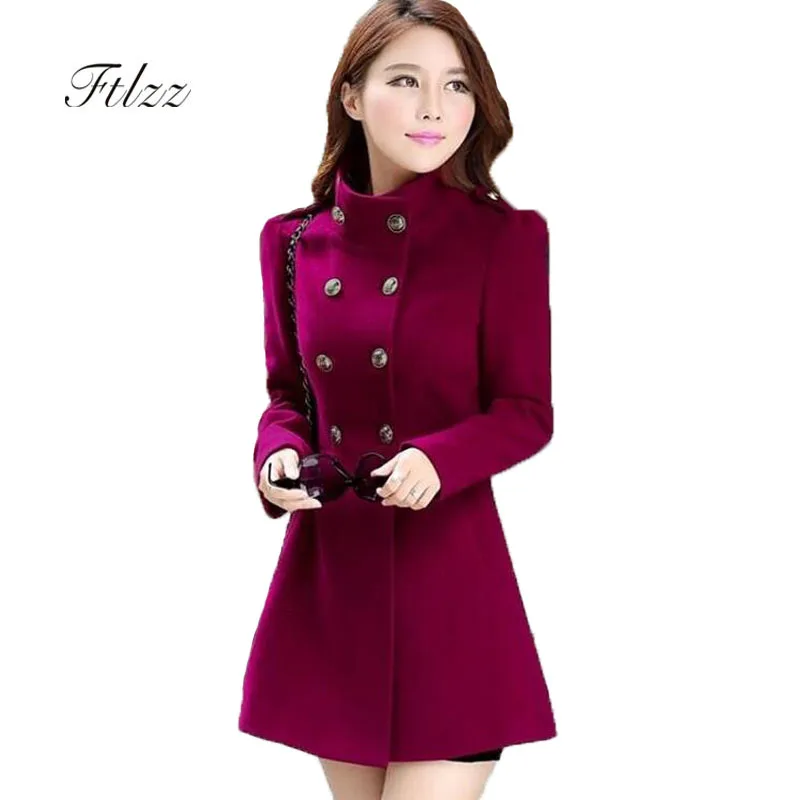 

2019 New Meidum Long Coat Woman Slim Long Sleeve Double-breasted Army Green Faux Wool Coats Spring Autumn Korean Coats For Women