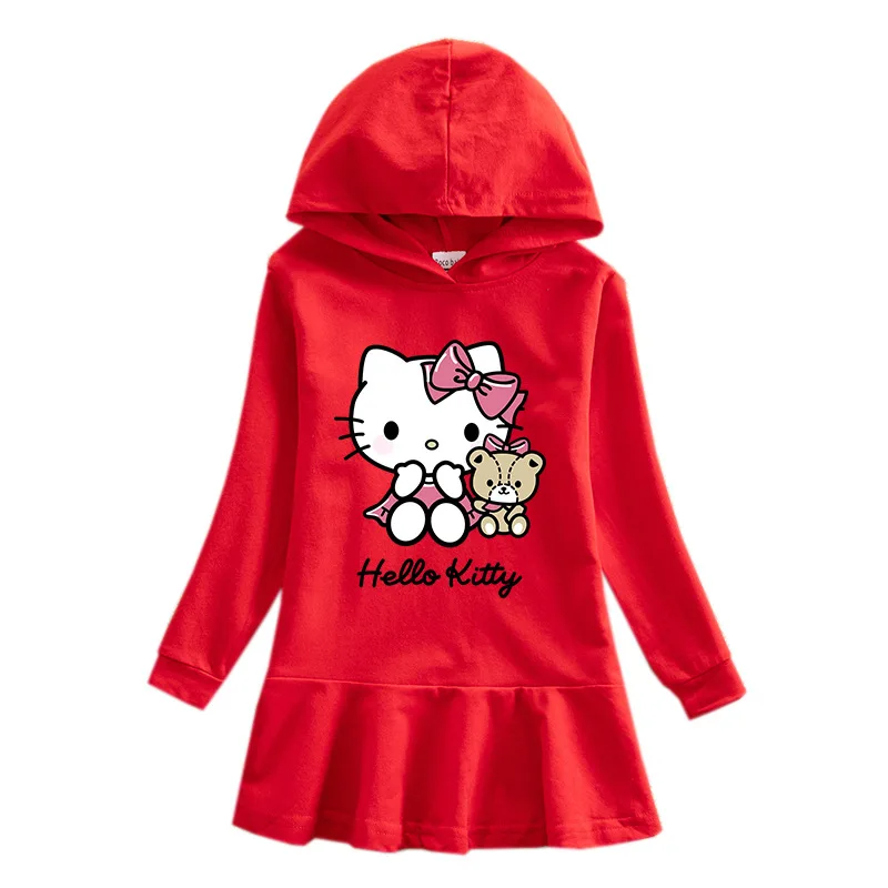 thumbnail image 1 of Hello Kitty primavera y otoño nuevos niños vestido suéter con capucha niña lindo dibujos animados dulce señora falda bebé algodón vestido cómodo, 1 of 5