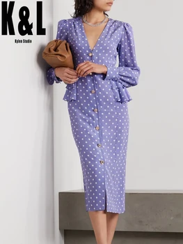 

Purple polka dot V-neck long-sleeved waist ruffled diamond button dress women's autumn new temperament mid-length dress