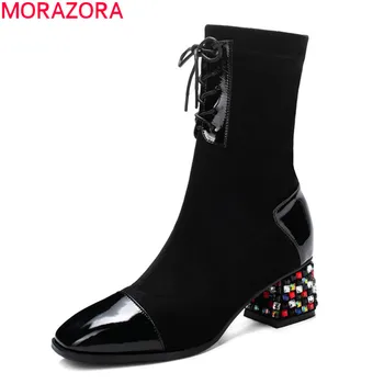 

MORAZORA 2020 hot sale thick high heels square toe women boots fashion square toe lace up ankle boots big size 33-43