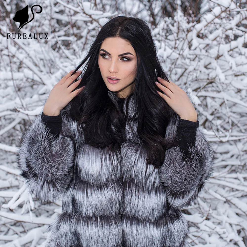 

Fashion Slim Long Genuine Natural Real Silver Fox Fur Red Fox Fur Outerwears Women With Hood Winter Female Stay Warm Plus Size