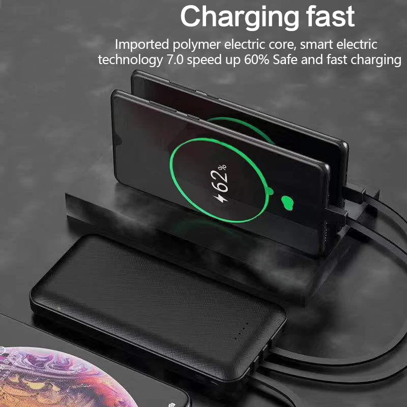  Power Bank 20000mAh Built-in 3 Cables Powerbank for iPhone 11 pro X 8 7 External Battery Pack for X