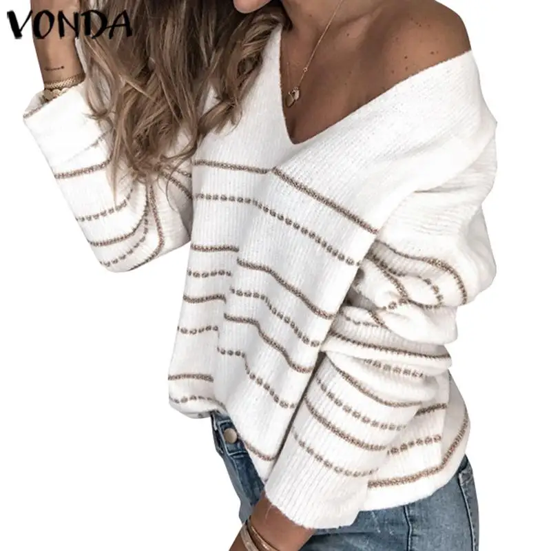 VONDA, осенние модные Полосатые блузки с принтом, женские повседневные пуловеры с длинным рукавом, женские богемные вечерние Блузы