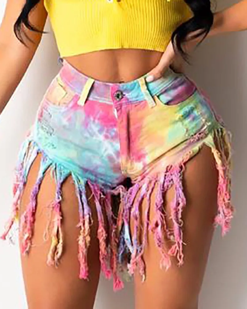 

Women Denim Shorts Latest Fashion Design Summer High Quality Sexy Girls Beautiful Ripped Tie-dyed Colourful Denim Tassel Shorts